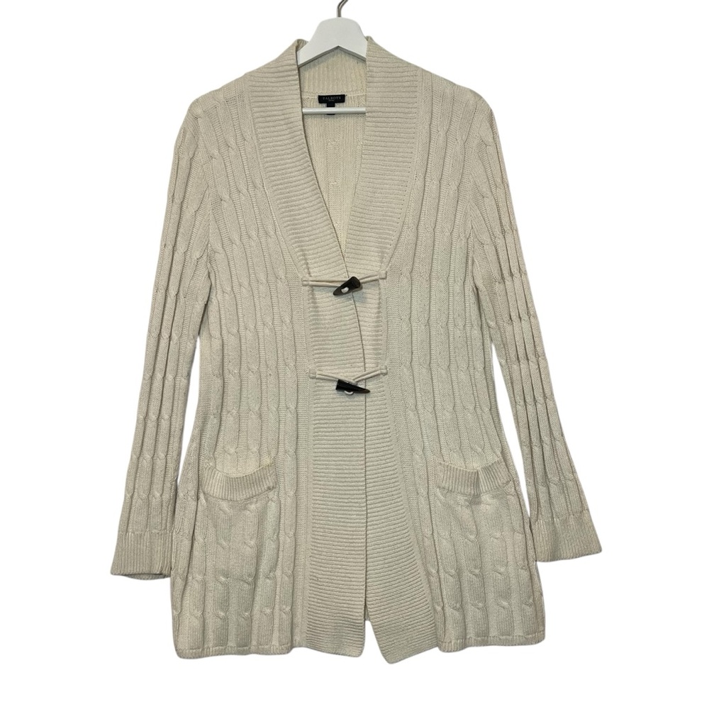 Talbots Cardigan Sweater Cable Knit Shawl Collar Large Petite Wool Cotton blend - Picture 1 of 8